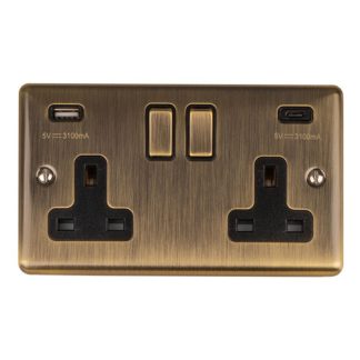 Eurolite EN2USBCABB 2-Gang 13Amp Switched Socket with USB-C - Antique Brass (LEAD TIME: 2-3 DAYS)