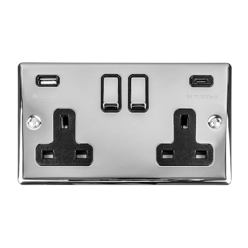 Eurolite EN2USBCPCB 2-Gang 13Amp Switched Socket with USB-C - Polished Chrome (LEAD TIME: 2-3 DAYS)
