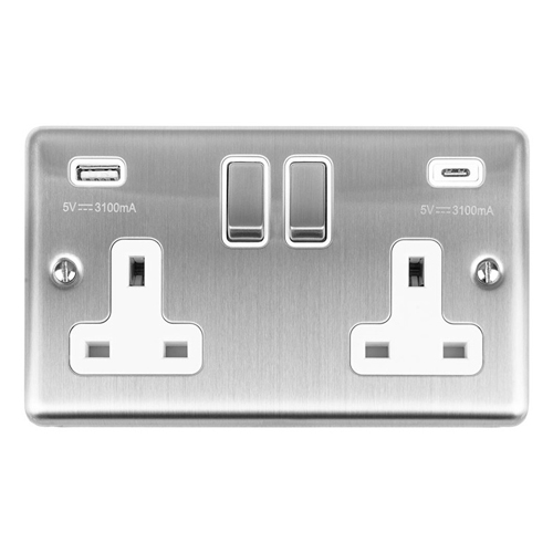 Eurolite EN2USBCSSW 2-Gang 13Amp Switched Socket with USB-C - Stainless Steel (LEAD TIME: 2-3 DAYS)