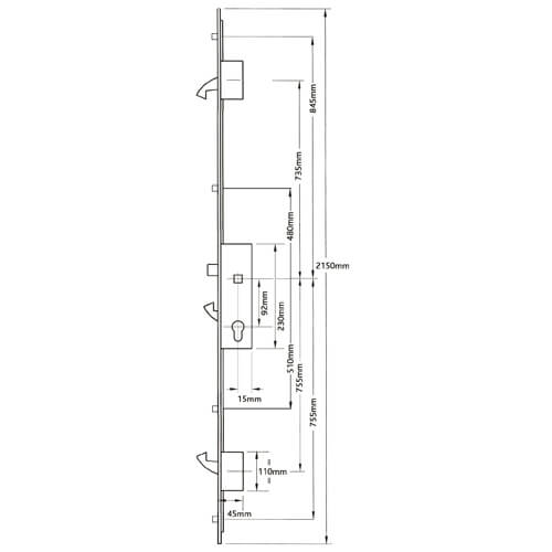 GU Protector Latch 3 Hooks 4 Rollers Lift Lever Multipoint Door Lock (top hook to spindle = 735mm) - Image 2