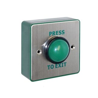 CQR AEB507/B Surface Mounted Request To Exit Switch With Green Dome & Sleeve - Legend "Press To Exit" - Stainless Steel / Green Back Box (LEAD TIME: 2-3 DAYS)